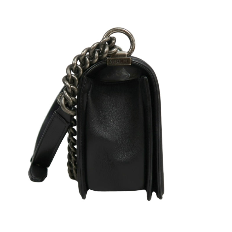 CHANEL Black Calfskin V-stitch Boy Leboy Silver Buckle Shoulder Bag With Silver Hardware