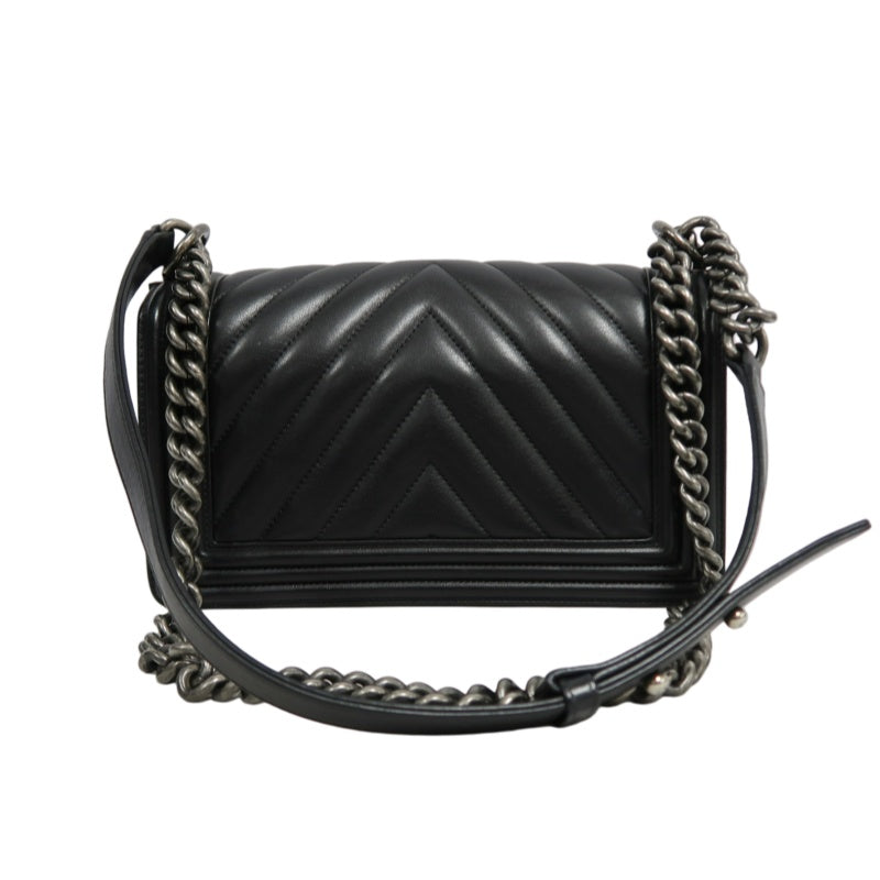 CHANEL Black Calfskin V-stitch Boy Leboy Silver Buckle Shoulder Bag With Silver Hardware