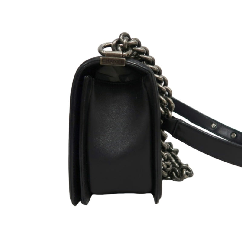 CHANEL Black Calfskin V-stitch Boy Leboy Silver Buckle Shoulder Bag With Silver Hardware
