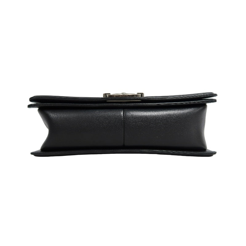 CHANEL Black Calfskin V-stitch Boy Leboy Silver Buckle Shoulder Bag With Silver Hardware
