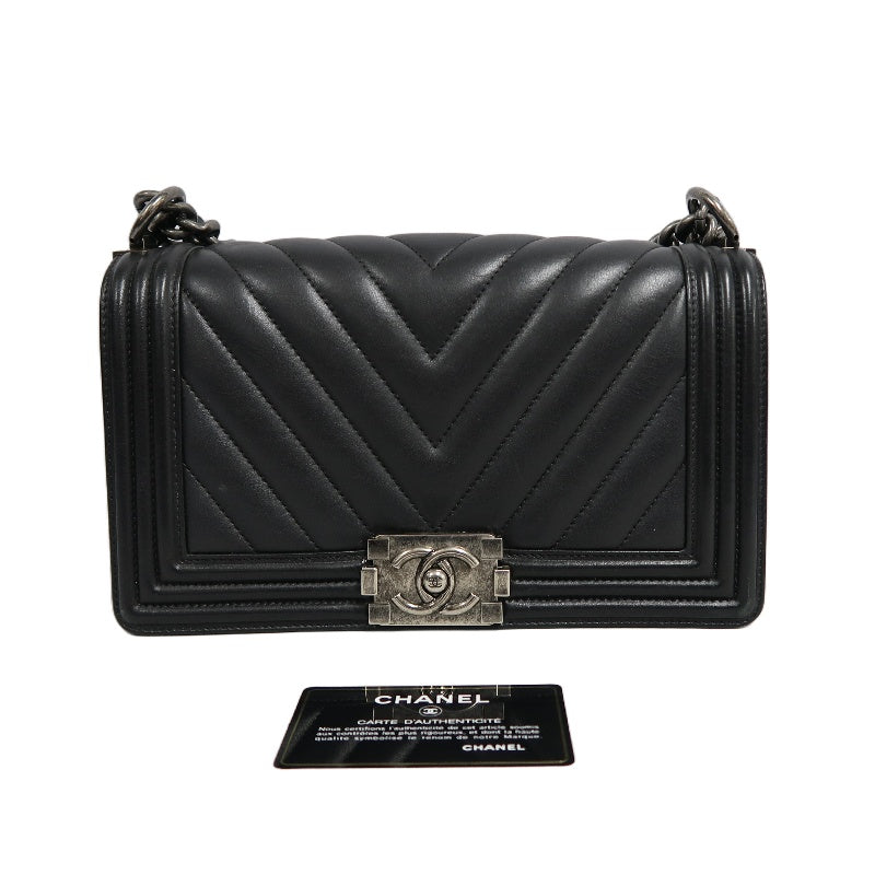 CHANEL Black Calfskin V-stitch Boy Leboy Silver Buckle Shoulder Bag With Silver Hardware