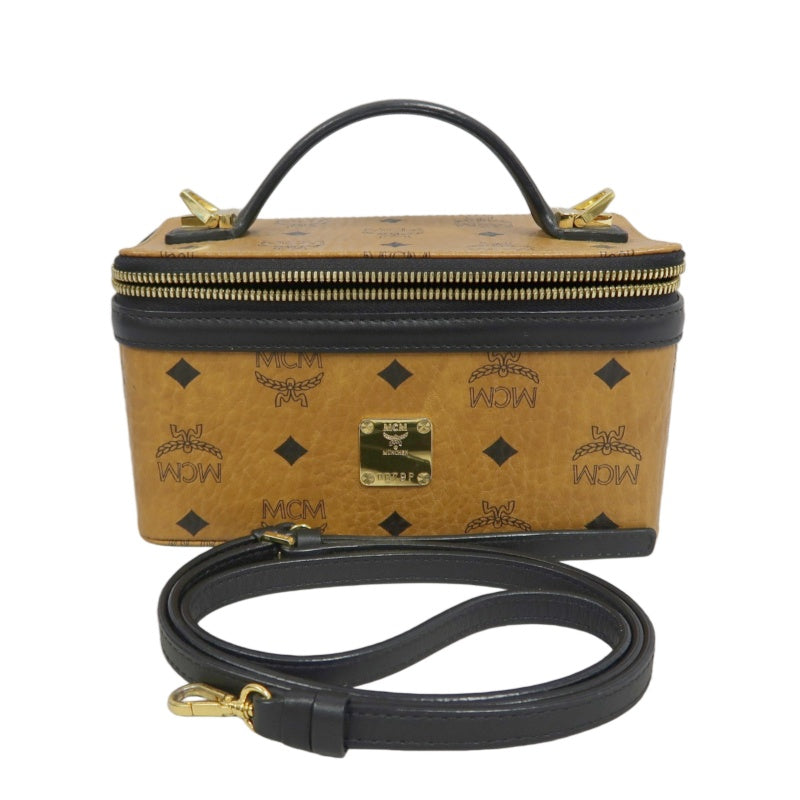 MCM Brown Visetos PVC Vanity Case Top Handle Shoulder Crossbody Bag With Gold Hardware
