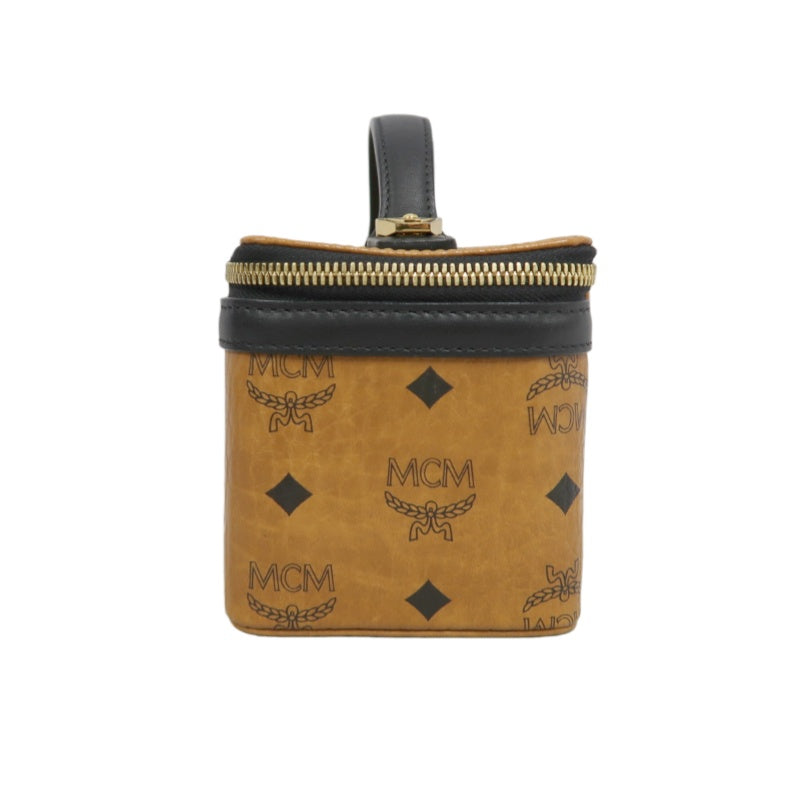 MCM Brown Visetos PVC Vanity Case Top Handle Shoulder Crossbody Bag With Gold Hardware