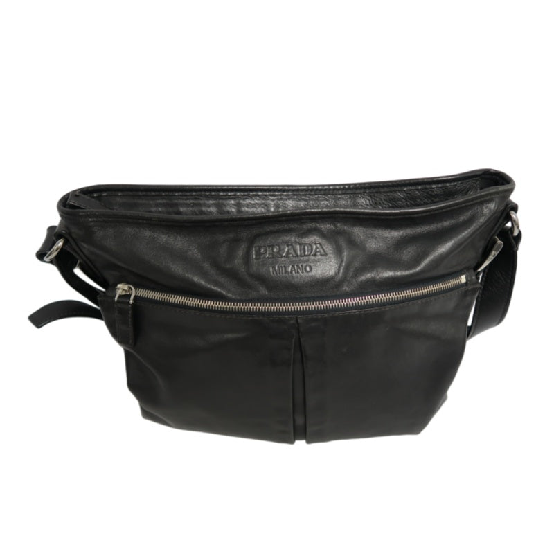 PRADA Black Cowhide Leather Shoulder Crossbody Bag With Silver Hardware