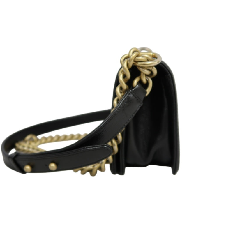 CHANEL Black Calfskin Quilted Boy Leboy Gold Buckle Shoulder Bag With Gold Hardware, Comes With Authenticity Card & Dust Bag