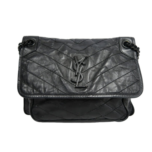 YVES SAINT LAURENT Black Waxed Leather NIKI Medium Shoulder Bag