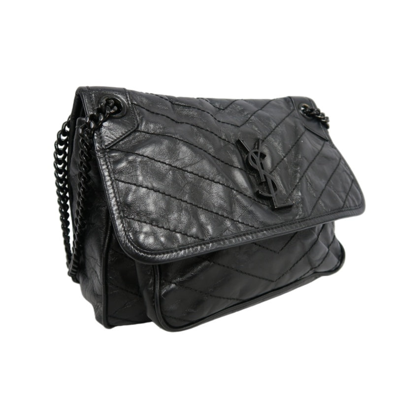 YVES SAINT LAURENT Black Waxed Leather NIKI Medium Shoulder Bag