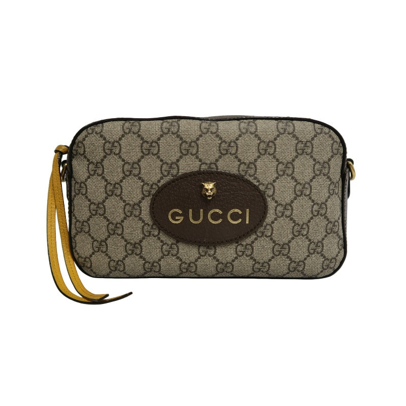 GUCCI GG Supreme Canvas Brown Tiger Head Camera Bag With Web Strap, Shoulder Crossbody Bag