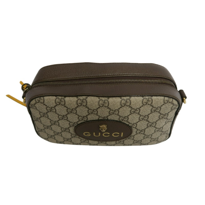 GUCCI GG Supreme Canvas Brown Tiger Head Camera Bag With Web Strap, Shoulder Crossbody Bag