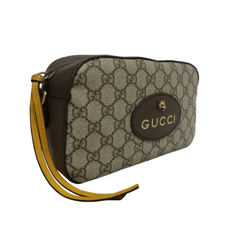 GUCCI GG Supreme Canvas Brown Tiger Head Camera Bag With Web Strap, Shoulder Crossbody Bag