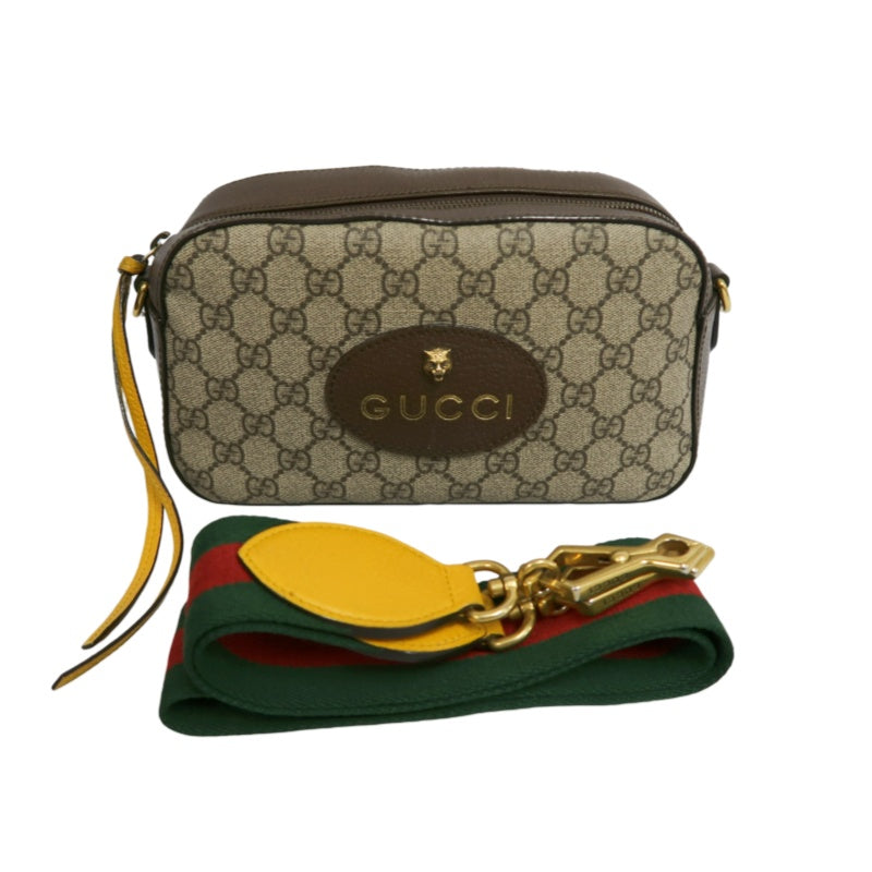 GUCCI GG Supreme Canvas Brown Tiger Head Camera Bag With Web Strap, Shoulder Crossbody Bag