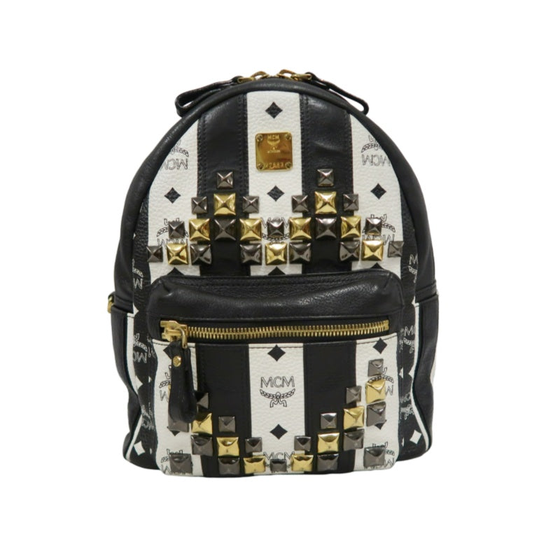 MCM Monogram Studded Black White PVC Backpack With Gold Hardware
