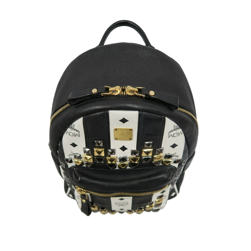 MCM Monogram Studded Black White PVC Backpack With Gold Hardware