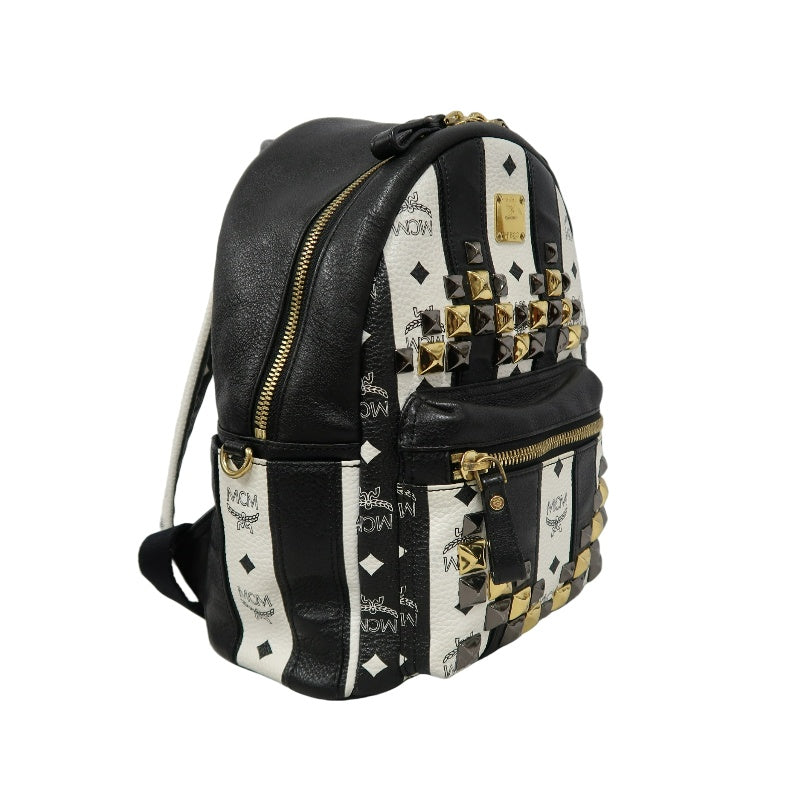 MCM Monogram Studded Black White PVC Backpack With Gold Hardware