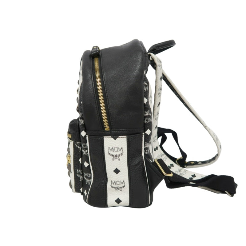 MCM Monogram Studded Black White PVC Backpack With Gold Hardware