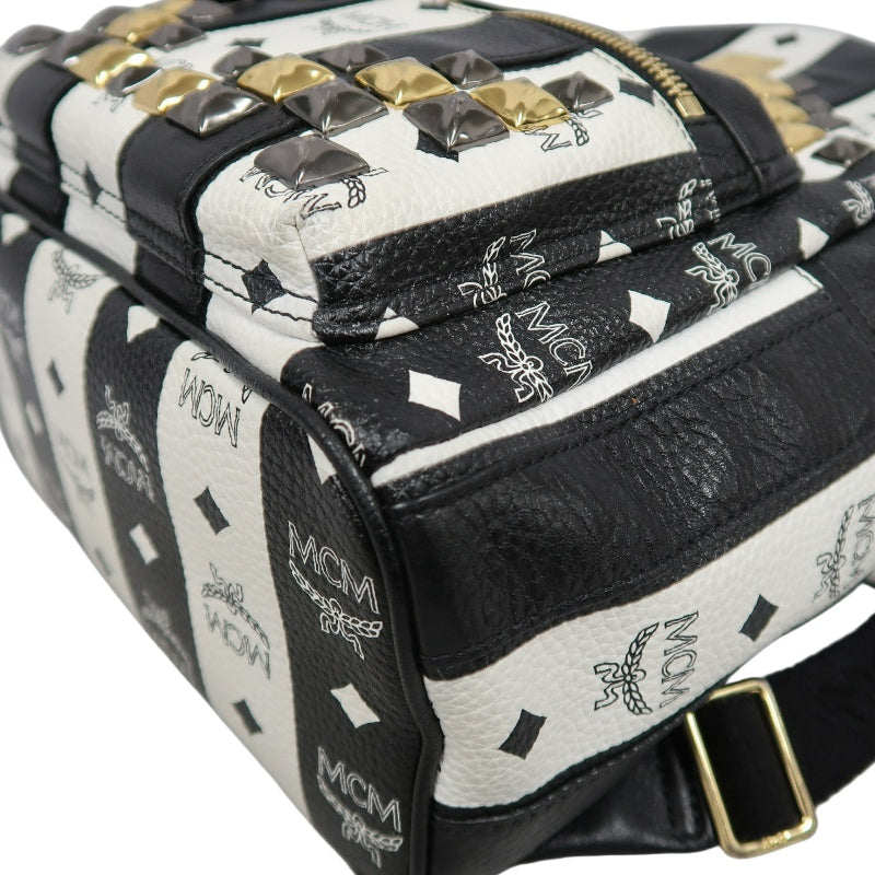 MCM Monogram Studded Black White PVC Backpack With Gold Hardware