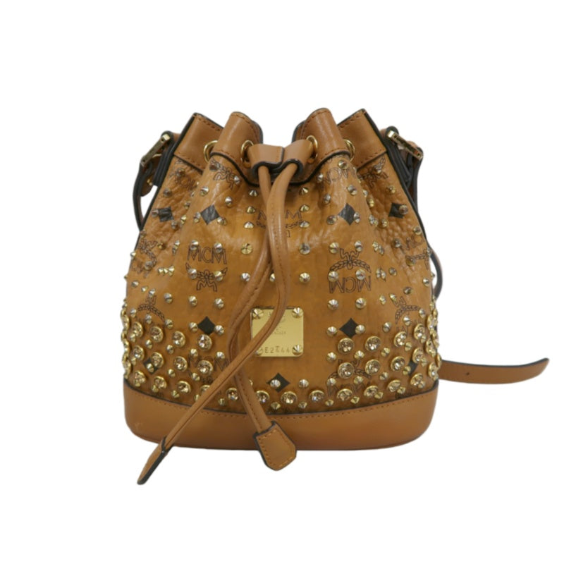 MCM Visetos Canvas Brown Studded Drawstring Bucket Shoulder Bag With Gold Hardware