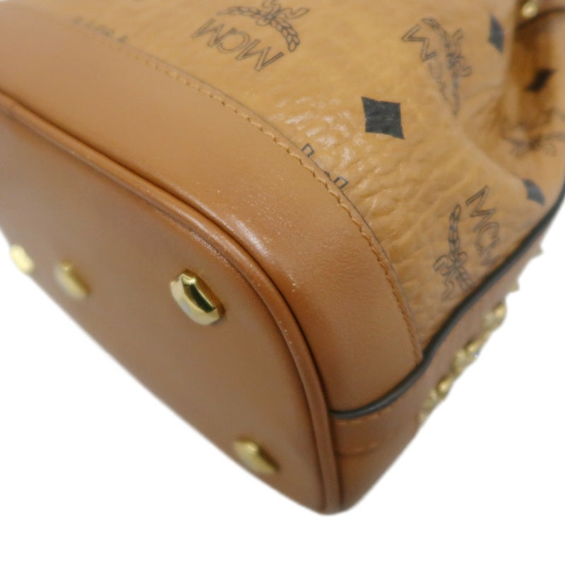 MCM Visetos Canvas Brown Studded Drawstring Bucket Shoulder Bag With Gold Hardware