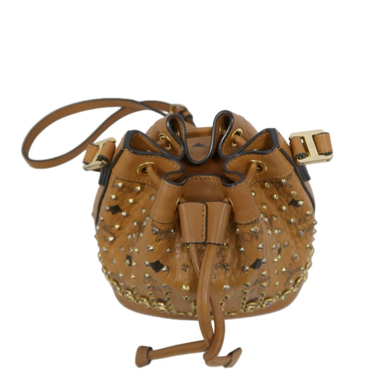 MCM Visetos Canvas Brown Studded Drawstring Bucket Shoulder Bag With Gold Hardware