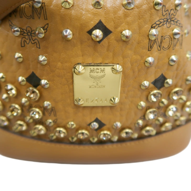 MCM Visetos Canvas Brown Studded Drawstring Bucket Shoulder Bag With Gold Hardware