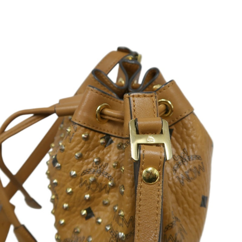 MCM Visetos Canvas Brown Studded Drawstring Bucket Shoulder Bag With Gold Hardware