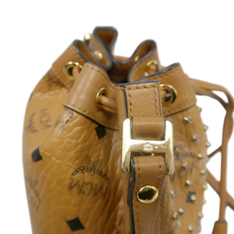 MCM Visetos Canvas Brown Studded Drawstring Bucket Shoulder Bag With Gold Hardware