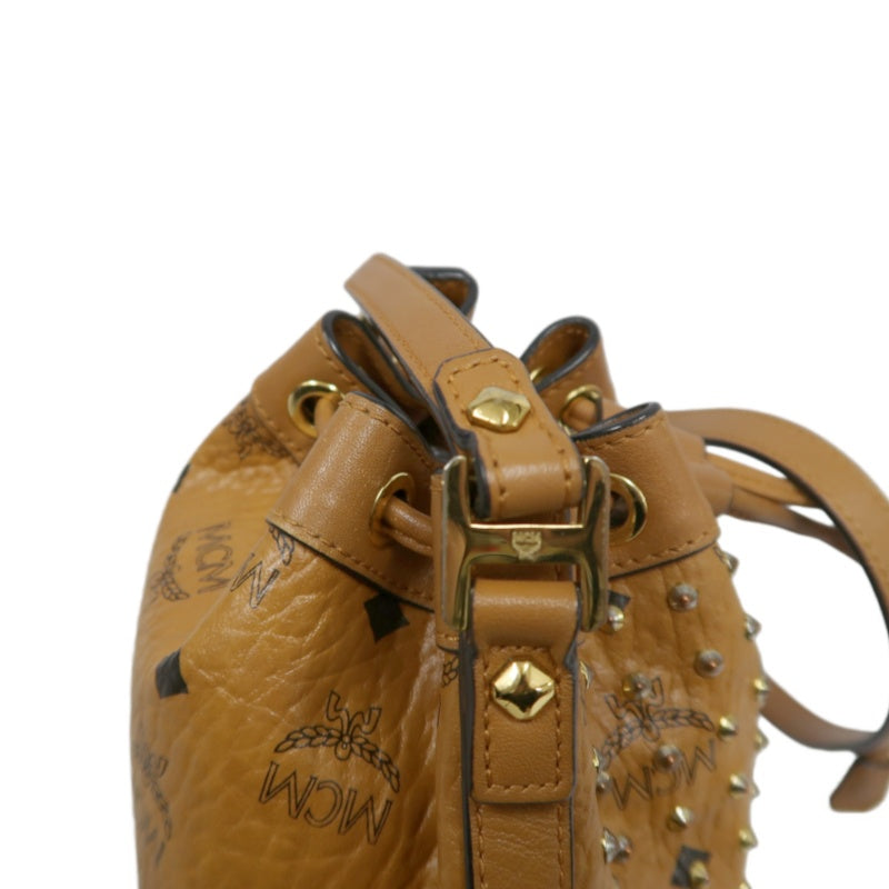 MCM Visetos Canvas Brown Studded Drawstring Bucket Shoulder Bag With Gold Hardware