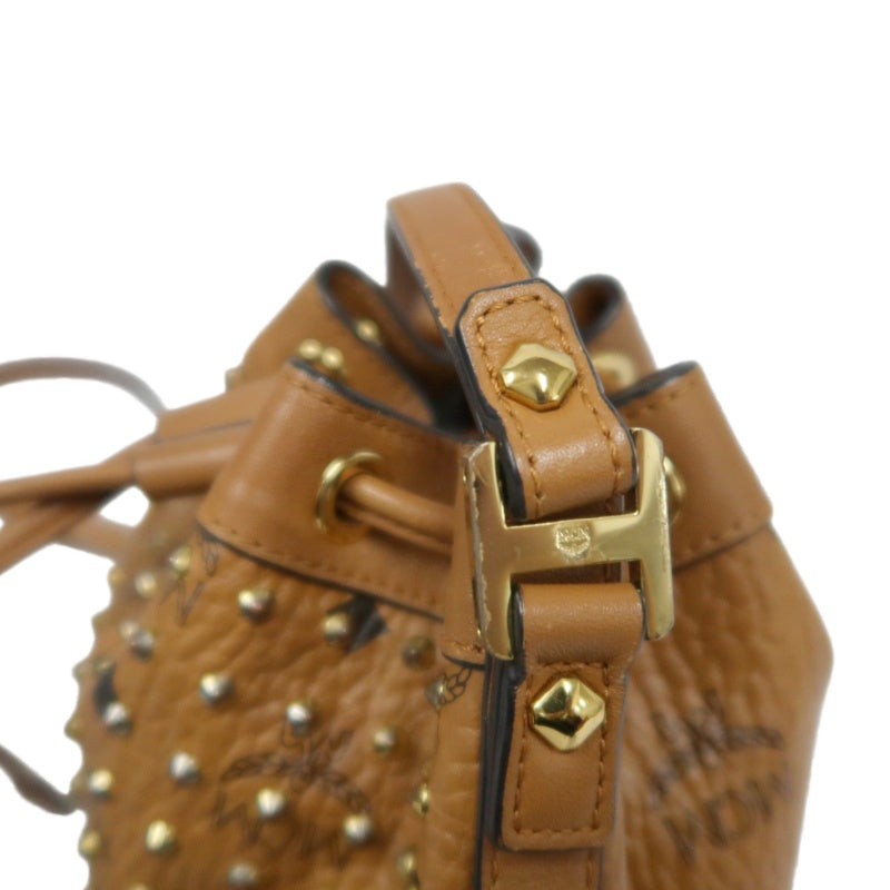 MCM Visetos Canvas Brown Studded Drawstring Bucket Shoulder Bag With Gold Hardware