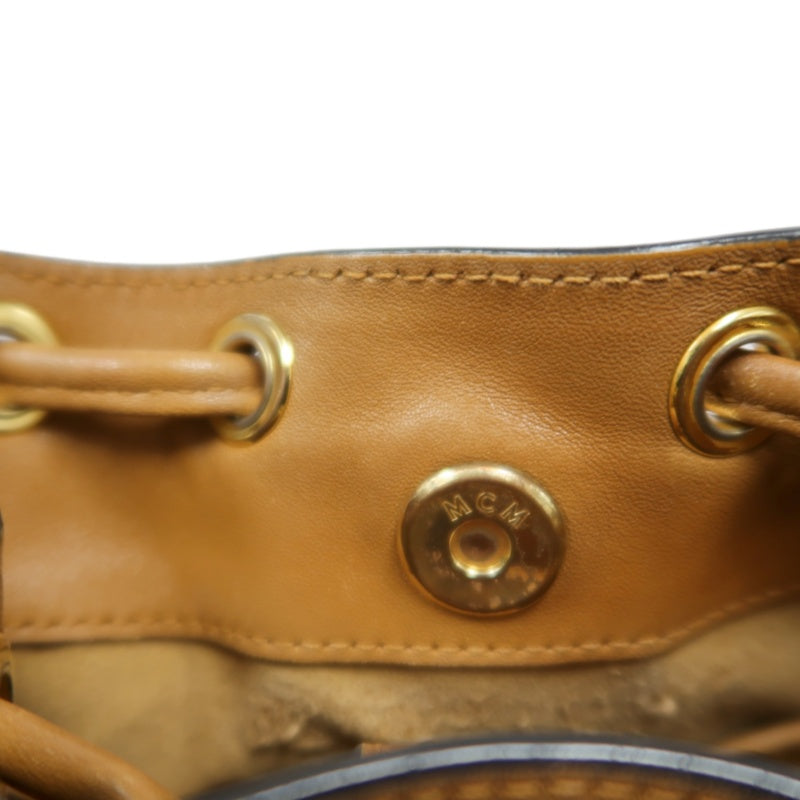 MCM Visetos Canvas Brown Studded Drawstring Bucket Shoulder Bag With Gold Hardware