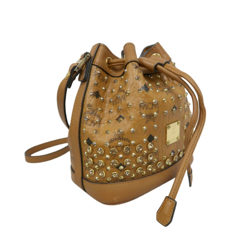 MCM Visetos Canvas Brown Studded Drawstring Bucket Shoulder Bag With Gold Hardware