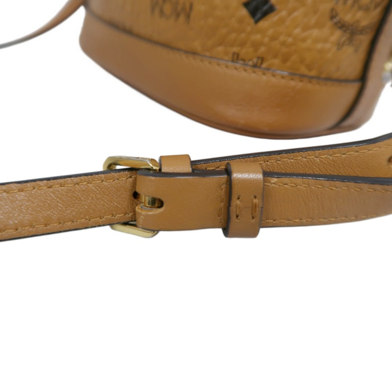 MCM Visetos Canvas Brown Studded Drawstring Bucket Shoulder Bag With Gold Hardware