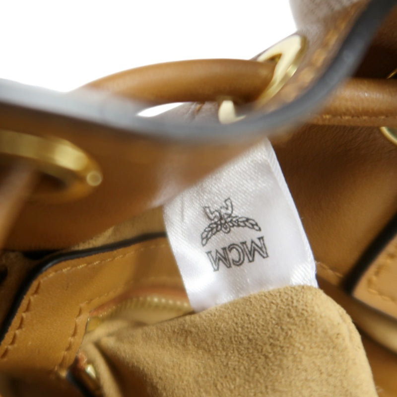 MCM Visetos Canvas Brown Studded Drawstring Bucket Shoulder Bag With Gold Hardware