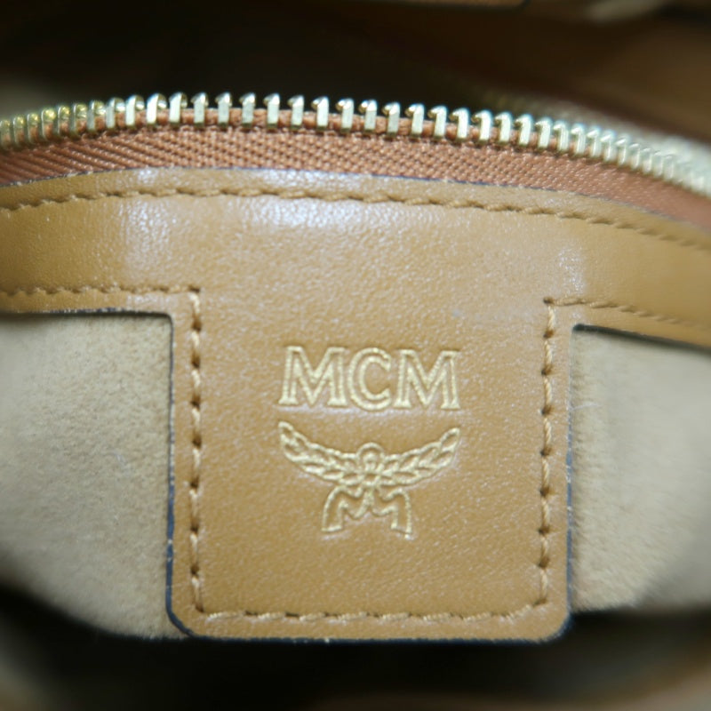 MCM Visetos Canvas Brown Studded Drawstring Bucket Shoulder Bag With Gold Hardware