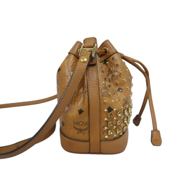 MCM Visetos Canvas Brown Studded Drawstring Bucket Shoulder Bag With Gold Hardware