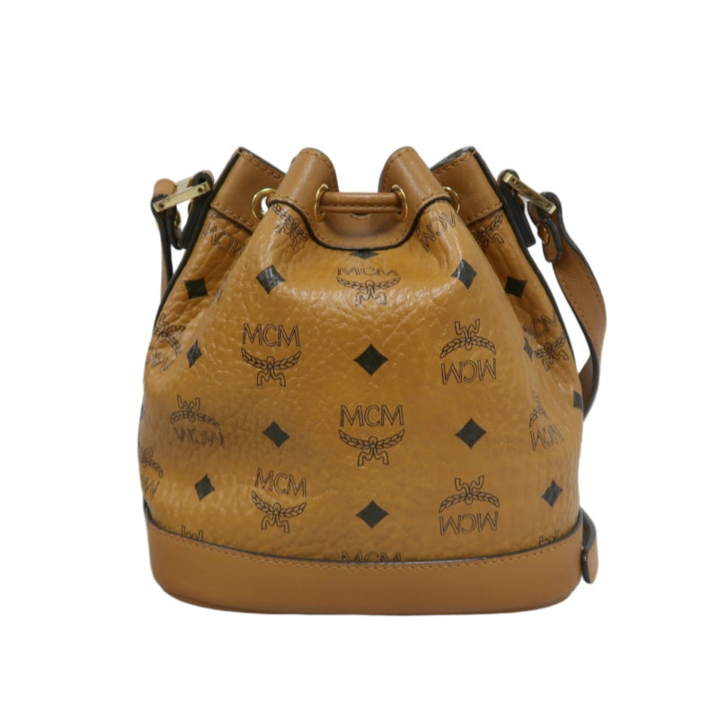 MCM Visetos Canvas Brown Studded Drawstring Bucket Shoulder Bag With Gold Hardware