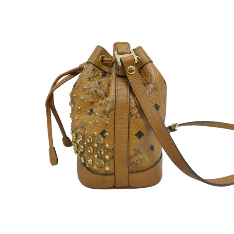 MCM Visetos Canvas Brown Studded Drawstring Bucket Shoulder Bag With Gold Hardware