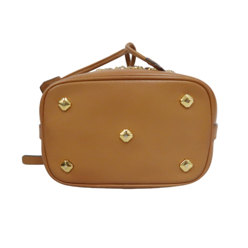 MCM Visetos Canvas Brown Studded Drawstring Bucket Shoulder Bag With Gold Hardware