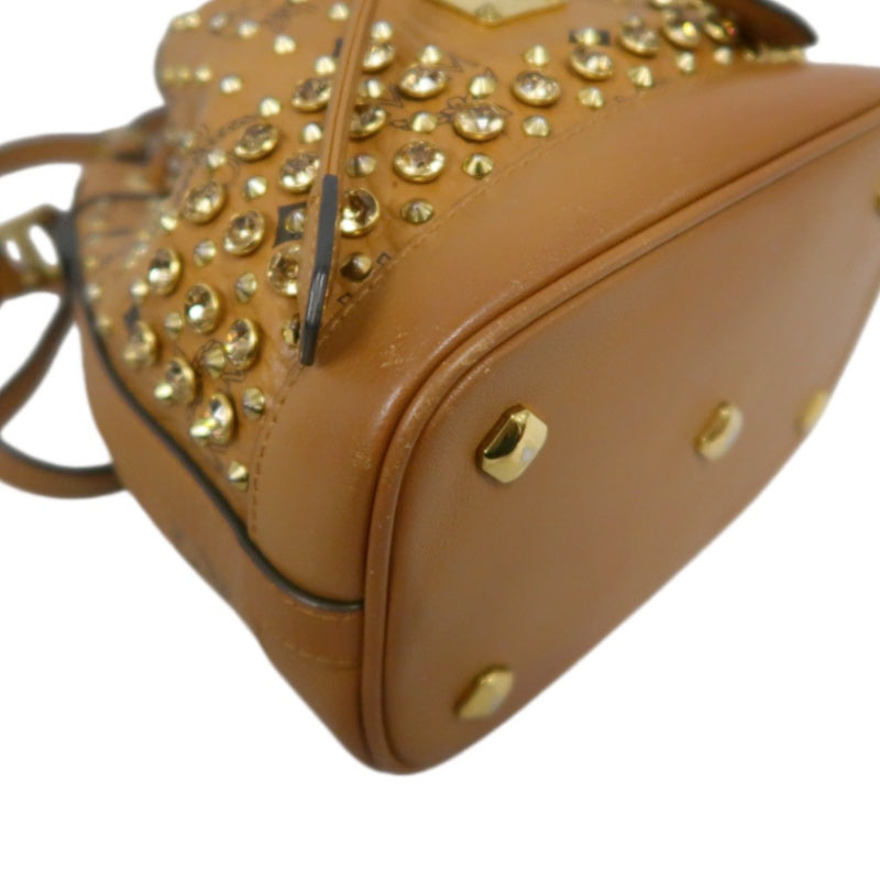 MCM Visetos Canvas Brown Studded Drawstring Bucket Shoulder Bag With Gold Hardware