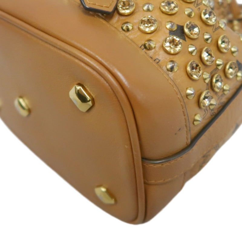 MCM Visetos Canvas Brown Studded Drawstring Bucket Shoulder Bag With Gold Hardware