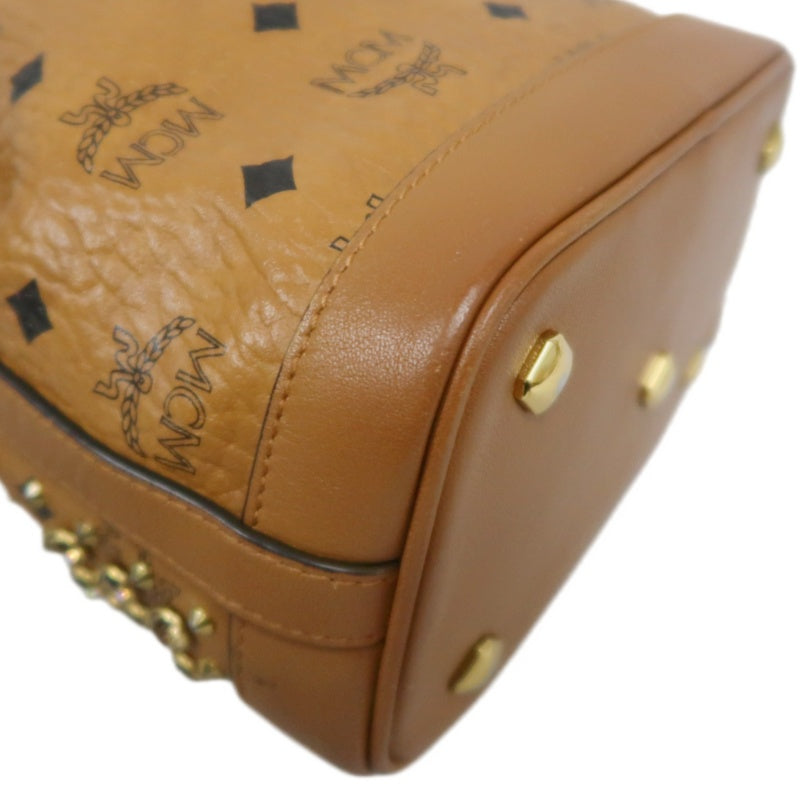 MCM Visetos Canvas Brown Studded Drawstring Bucket Shoulder Bag With Gold Hardware
