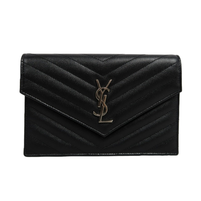 YVES SAINT LAURENT Cassandra Quilted V-stitch Black Calfskin Leather Envelope Shoulder Bag With Silver Hardware