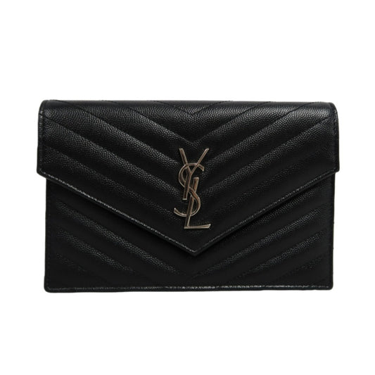 YVES SAINT LAURENT Cassandra Quilted V-stitch Black Calfskin Leather Envelope Shoulder Bag With Silver Hardware