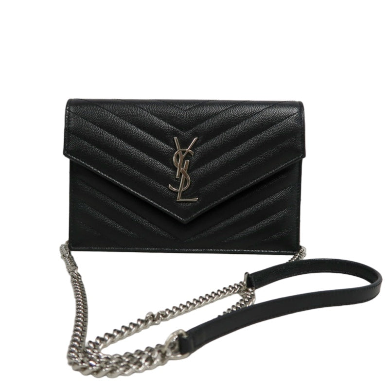 YVES SAINT LAURENT Cassandra Quilted V-stitch Black Calfskin Leather Envelope Shoulder Bag With Silver Hardware