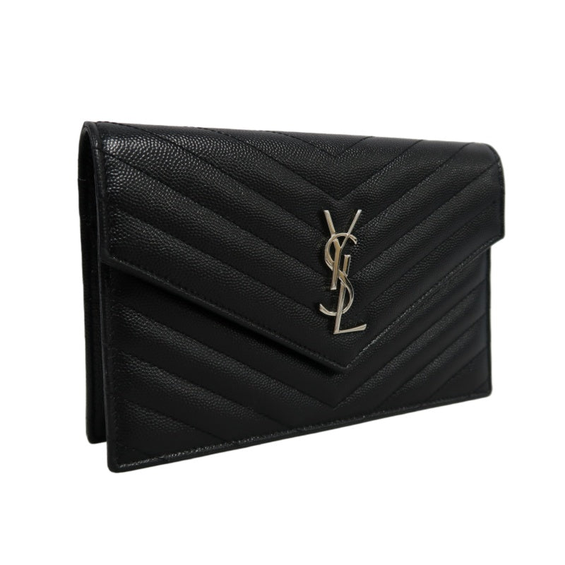 YVES SAINT LAURENT Cassandra Quilted V-stitch Black Calfskin Leather Envelope Shoulder Bag With Silver Hardware