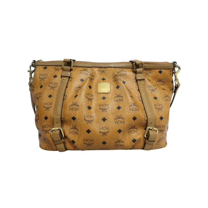 MCM Visetos Canvas Brown Tote Shoulder Bag With Gold Hardware