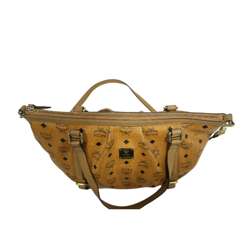 MCM Visetos Canvas Brown Tote Shoulder Bag With Gold Hardware