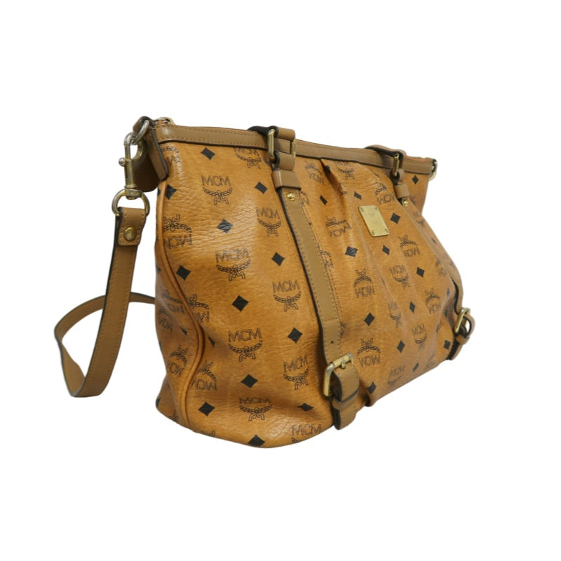 MCM Visetos Canvas Brown Tote Shoulder Bag With Gold Hardware
