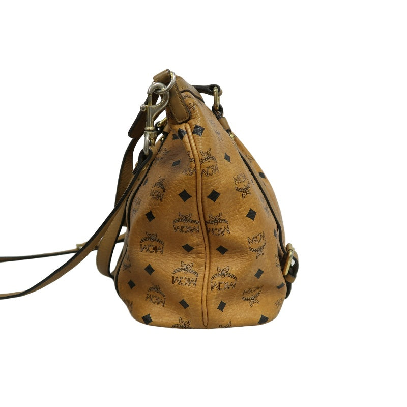 MCM Visetos Canvas Brown Tote Shoulder Bag With Gold Hardware