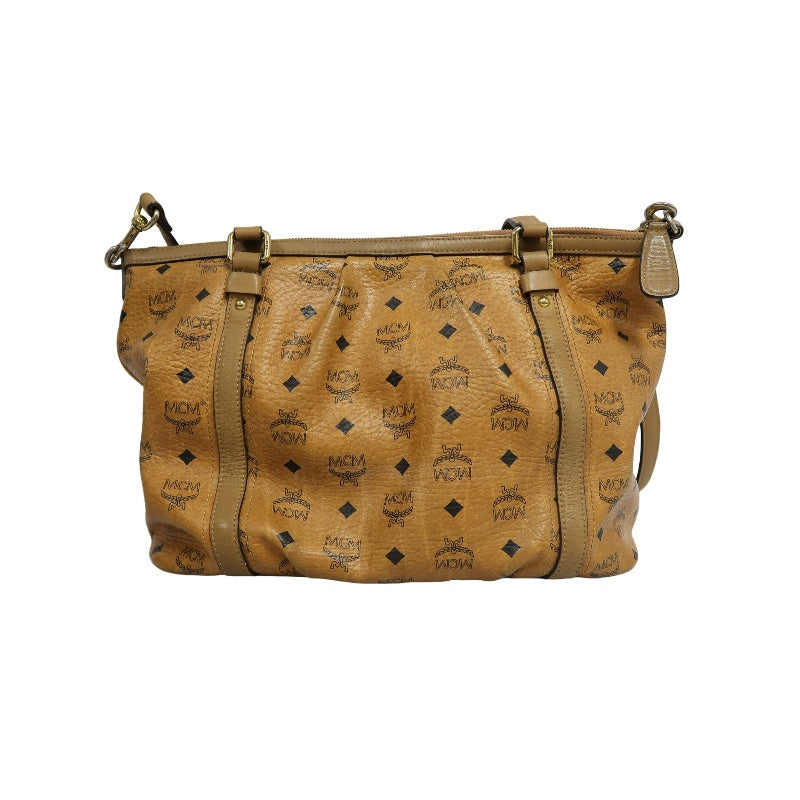 MCM Visetos Canvas Brown Tote Shoulder Bag With Gold Hardware