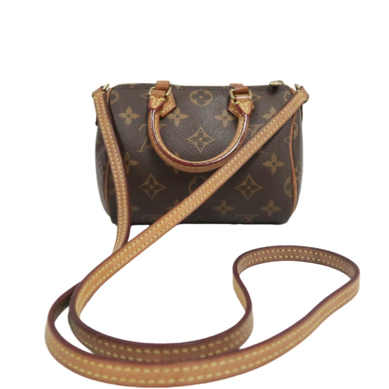 LOUIS VUITTON Monogram Nano Speedy Handbag PVC Brown With Shoulder Strap